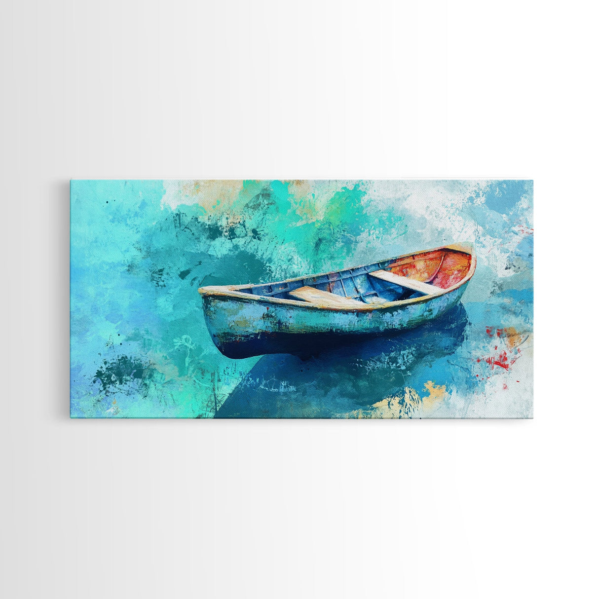 Floating Boat, teal watercolor, impressionist seascape, peaceful ocean, nautical painting, Canvas Print, coastal decor, rustic art