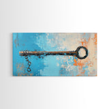 Rustic Key Painting, teal wall art, farmhouse art, coastal decor, framed canvas print, wabi sabi art, extra wide art, moody art