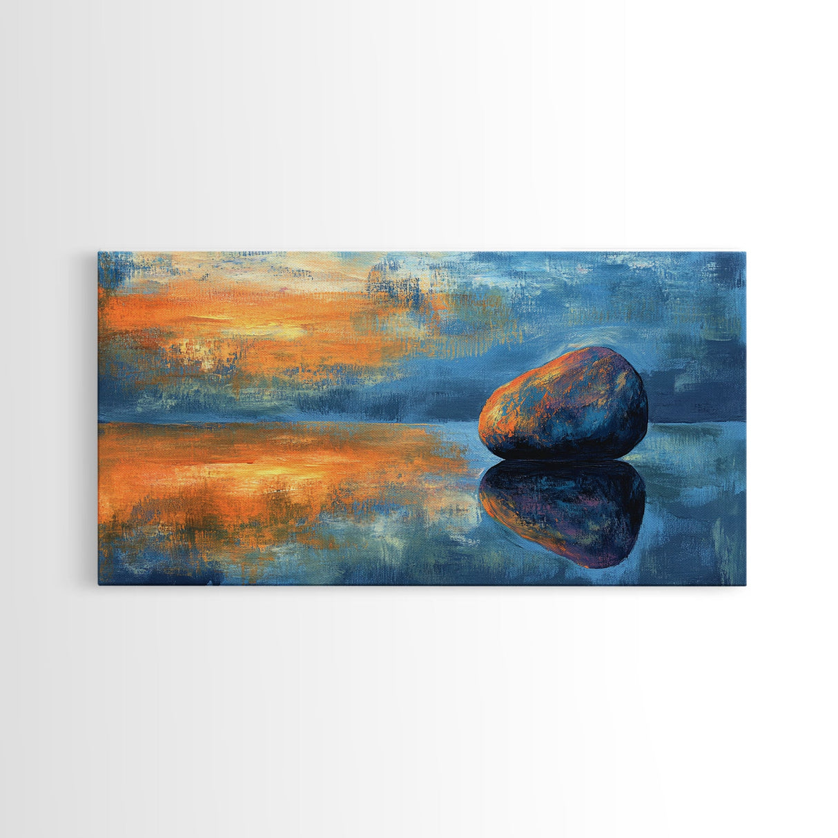 Zen Stone Reflection, moody art, minimalist art, coastal painting, blue and green wall art, extra wide art, canvas print