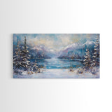 Lake Tahoe Art, Snowy Landscape, Winter Cabin Decor, Framed Canvas Print, Blue and Green Wall Art, Horizontal Wall Art