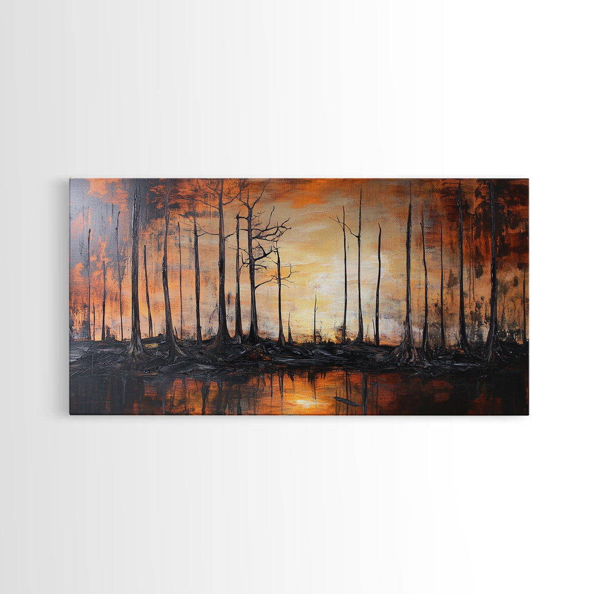 Forest at Dusk, moody art, fall landscape painting, pine tree art, framed canvas print, extra wide art, autumn wall art, rustic decor