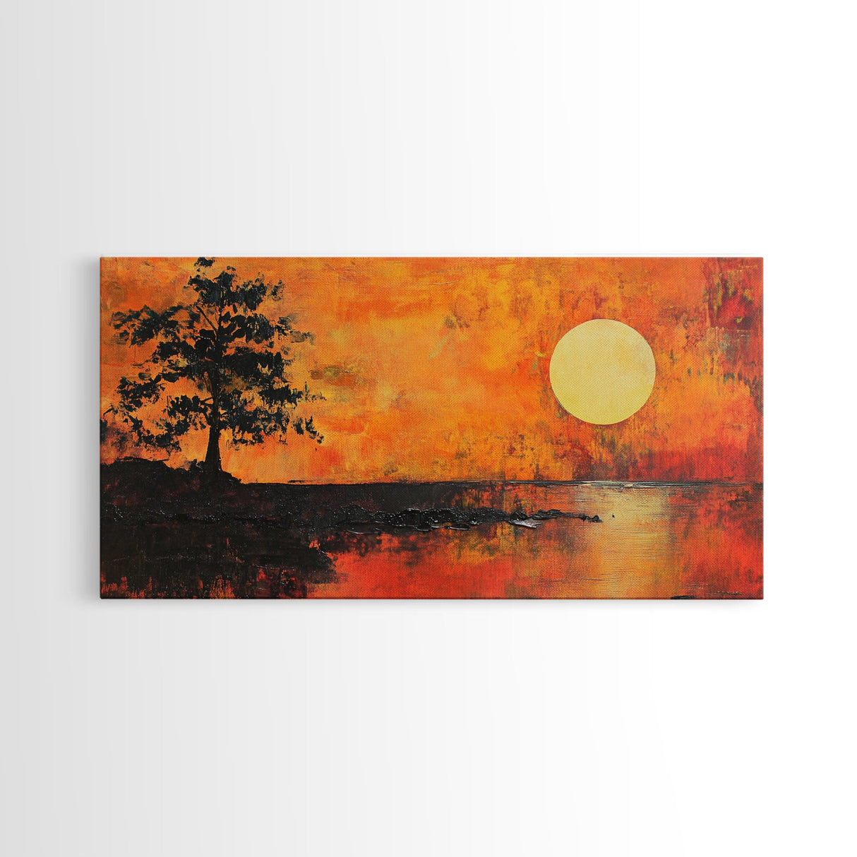 Sunset Tree, orange wall art, oak tree art, moody art, panoramic art, extra wide art, rustic wall art, Framed Canvas Print