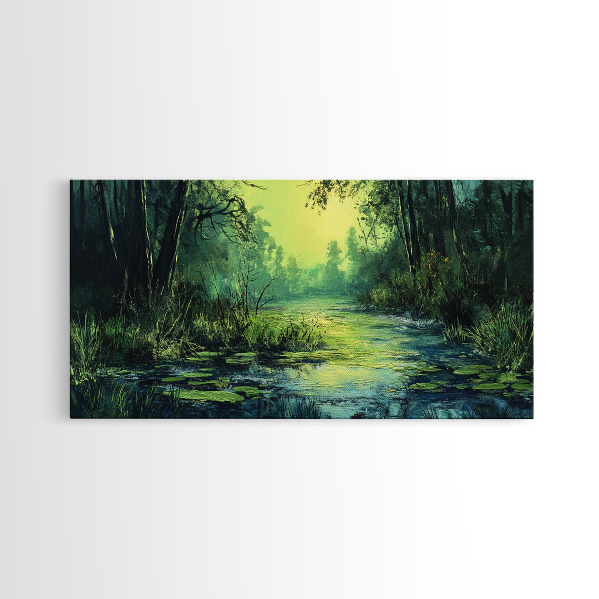 Forest Lagoon, green wall art, nature landscape painting, botanical prints, wabi sabi art, extra wide art, Framed Canvas Print