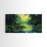 Forest Lagoon, green wall art, nature landscape painting, botanical prints, wabi sabi art, extra wide art, Framed Canvas Print