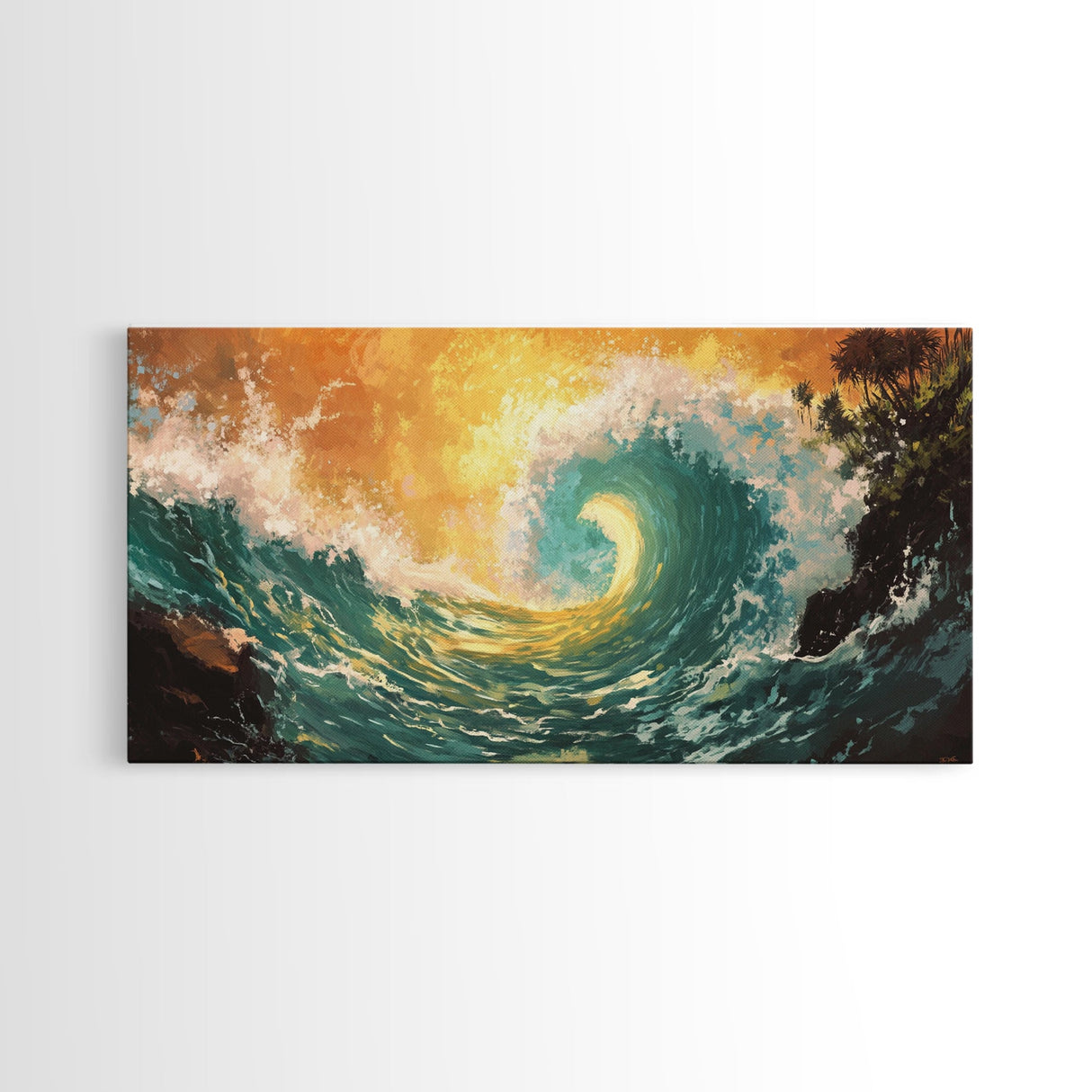 Golden Wave, surf wall art, seascape painting, coastal decor, nautical wall art, beach house decor, panoramic art, Canvas Print