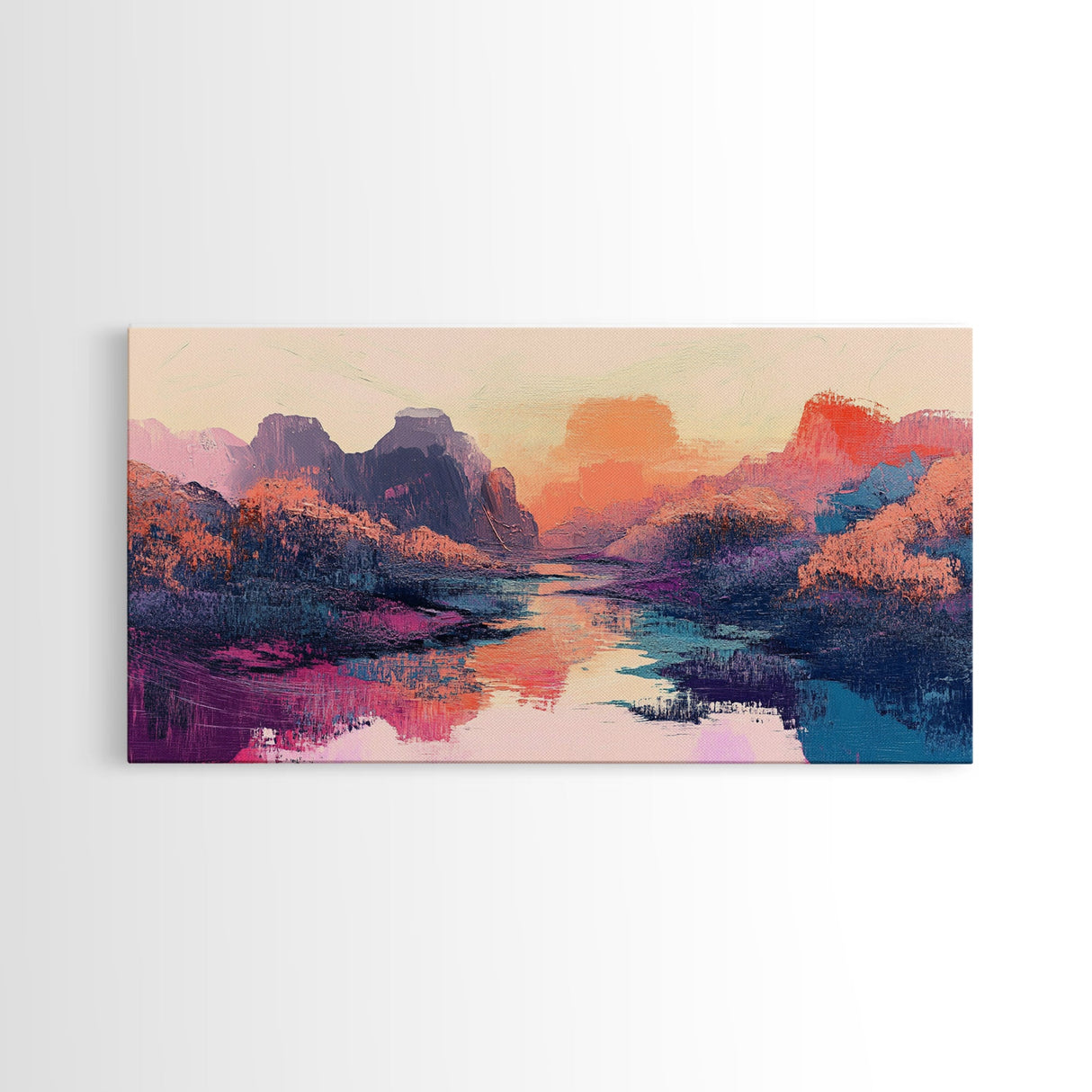 Sunset Landscape, Pink Orange Wall Art, Moody Art, Southwest Wall Art, Extra Wide Art, Horizontal Wall Art, Framed Canvas Print, Above Bed Art