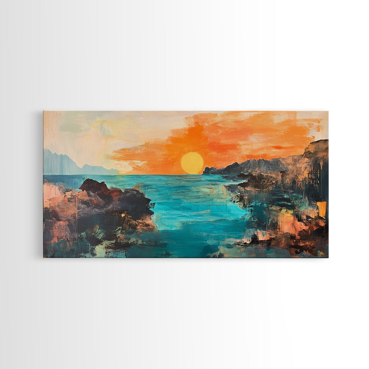 Sunset Seascape, Framed Canvas Print, coastal landscape art, panoramic painting, extra wide painting, above bed art, ocean wall art