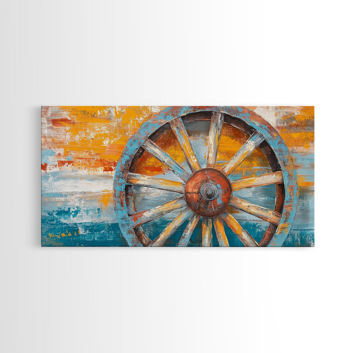 Rustic Wagon Wheel, Canvas Print, western wall art, rustic decor, farmhouse art, extra wide painting, horizontal wall art