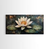 White Lotus, Framed Canvas Print, botanical prints, zen wall art, meditative decor, extra wide painting, spiritual art