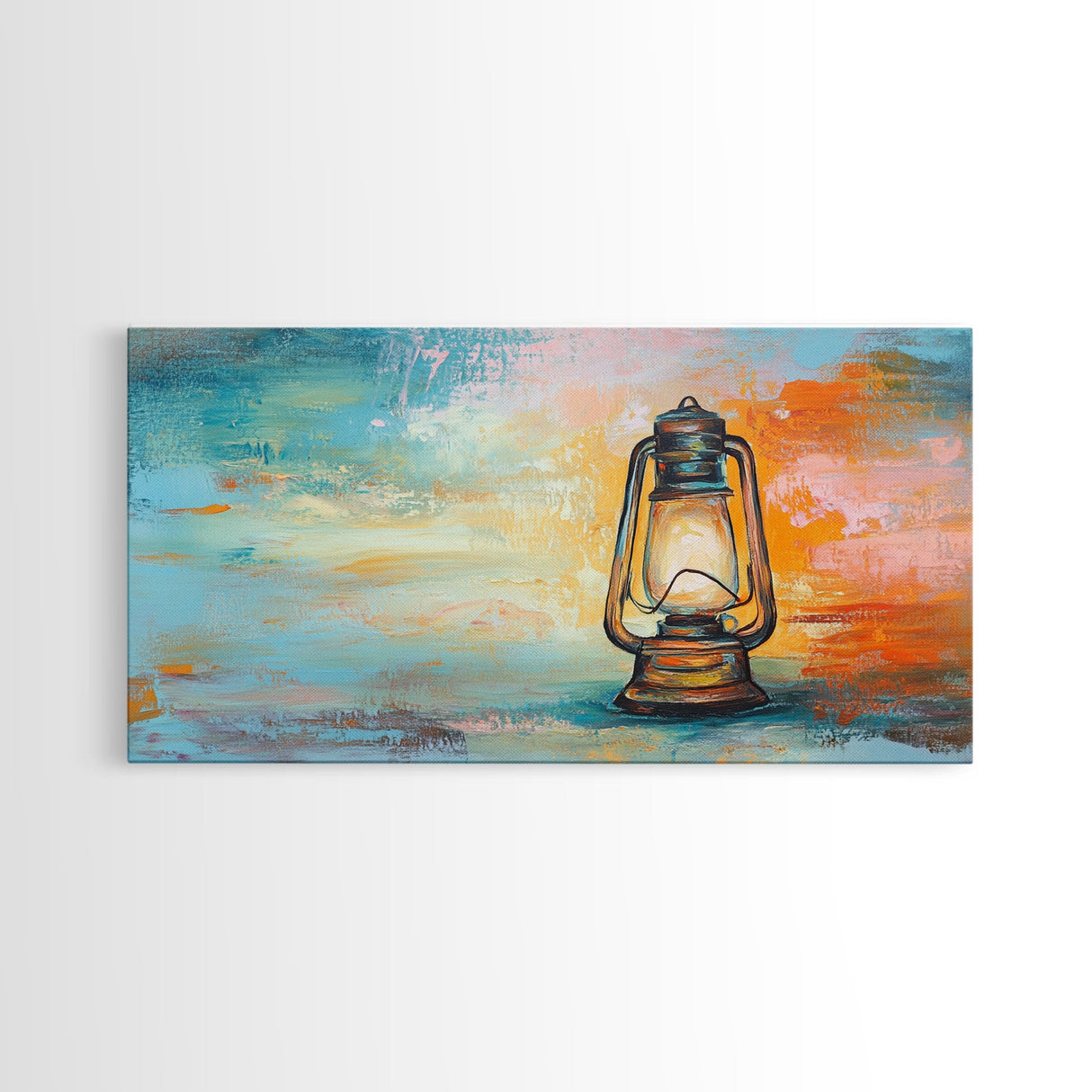 Lantern painting, rustic decor, farmhouse art, boho art, wabi sabi art, warm glow, extra wide art, framed canvas print, moody art