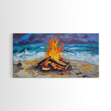 Beach bonfire, coastal decor, surf wall art, nautical painting, ocean fire, rustic wall art, horizontal wall art, canvas print, seascape