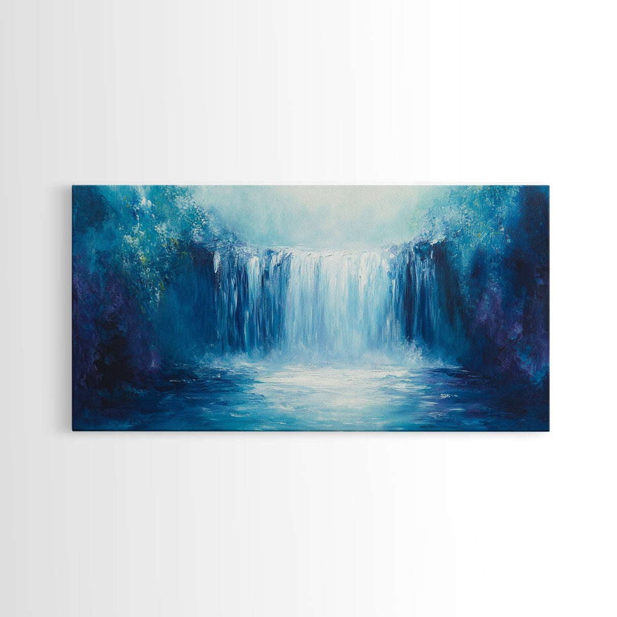 Majestic Waterfall, moody art, blue and green wall art, landscape painting, wabi sabi art, Framed Canvas Print, nature inspired art