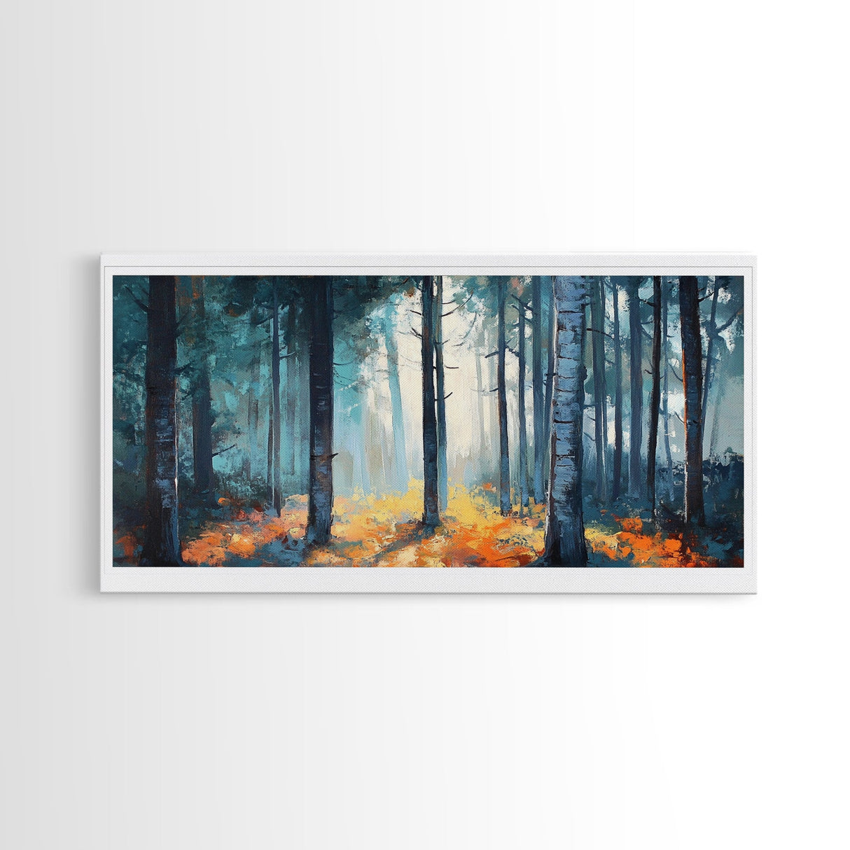 Enchanted Birch Forest, Pine Tree Art, Autumn Landscape, Birch Tree Painting, Rustic Wall Art, Framed Canvas Print, Extra Wide Art