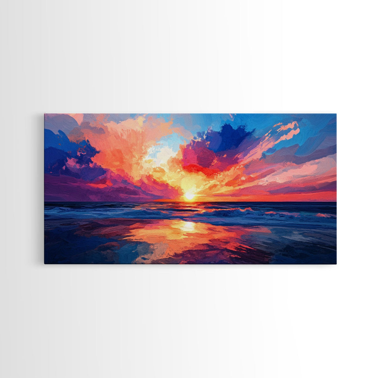 Sunset Beach, pink orange wall art, seascape painting, coastal wall art, panoramic art, ocean waves, extra wide art, Canvas Print