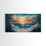 Tropical Waves, palm tree painting, Hawaii art, seascape painting, coastal decor, ocean painting, beach waves, Framed Canvas Print