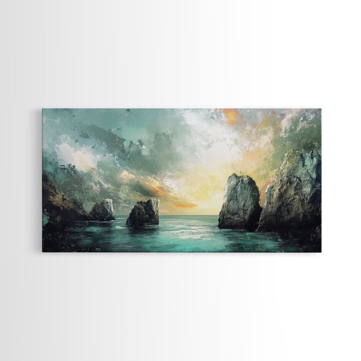 Ocean Cliffs, landscape painting, nautical wall art, moody art, wabi sabi art, extra wide art, textured art, Framed Canvas Print