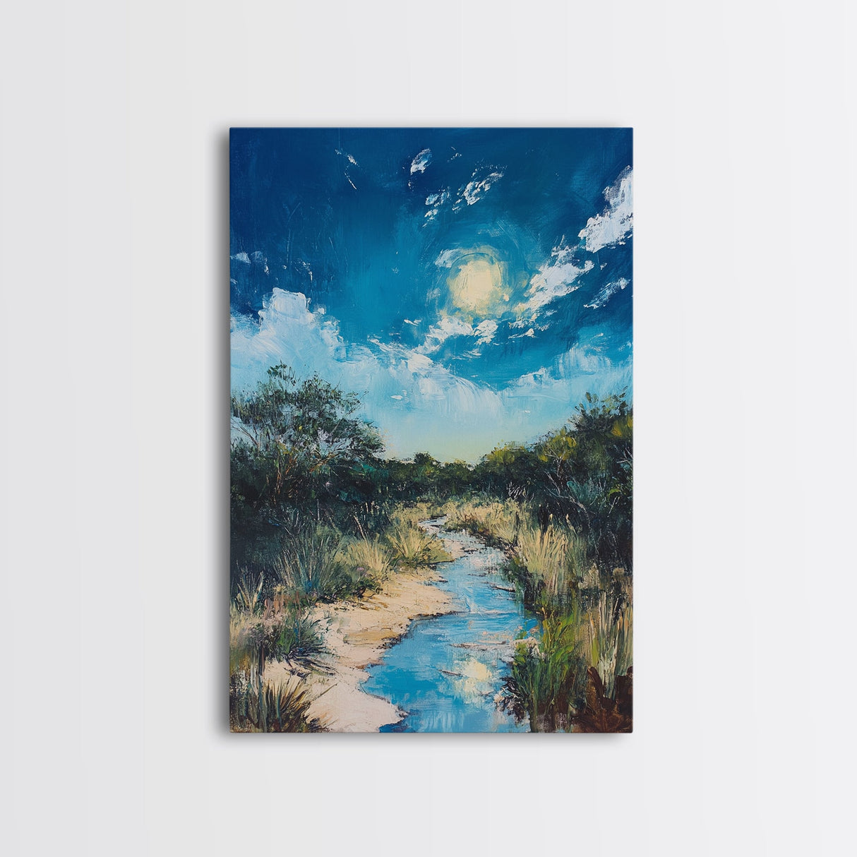 Moonlit Marsh, Moody Art, Coastal Landscape Art, Blue and Green Wall Art, Rustic Wall Art, Framed Canvas Print, Gift Idea