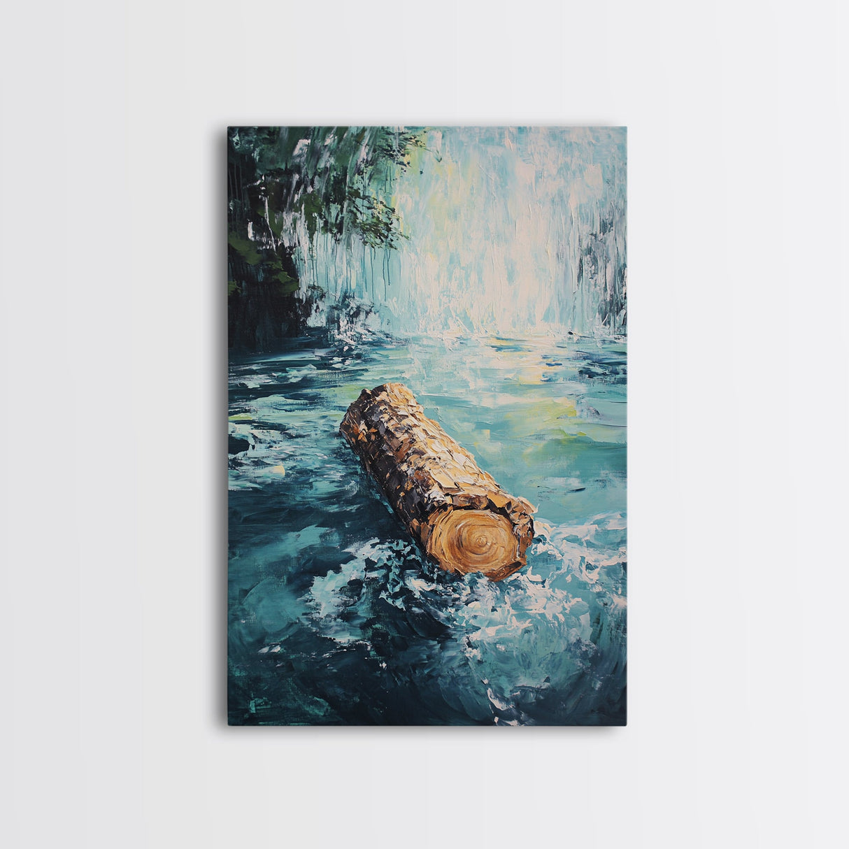 Log in Water, Forest at Dusk Painting, Rustic Nature Scene, Moody Wall Art, Blue and Green Decor, Framed Canvas Print