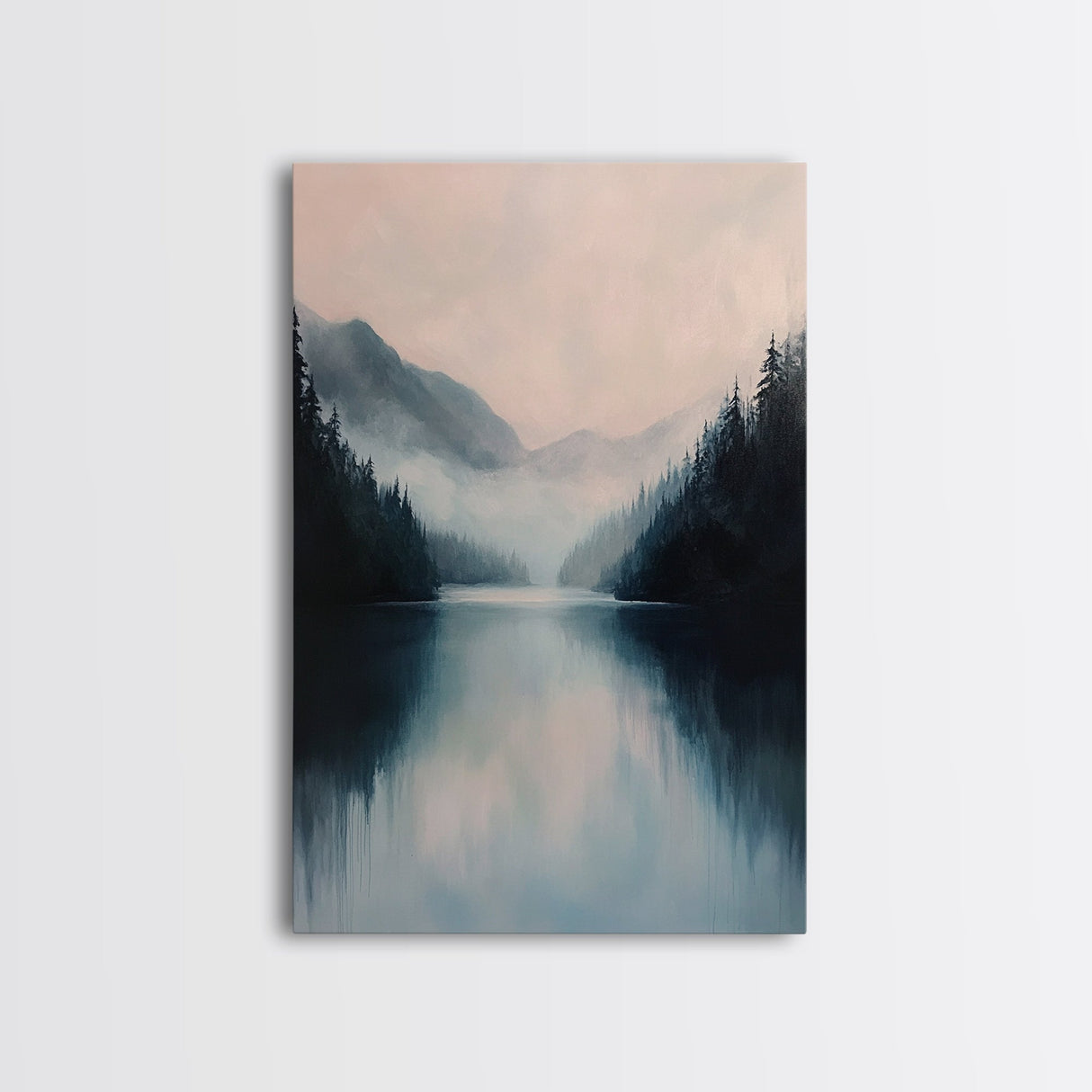 Misty Lake, mountain painting, smoky mountain art, panoramic painting, blue and green wall art, framed canvas print, moody art