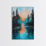 Sunset Reflection, pine tree art, landscape painting, teal wall art, Joshua tree art, framed canvas print, extra wide art