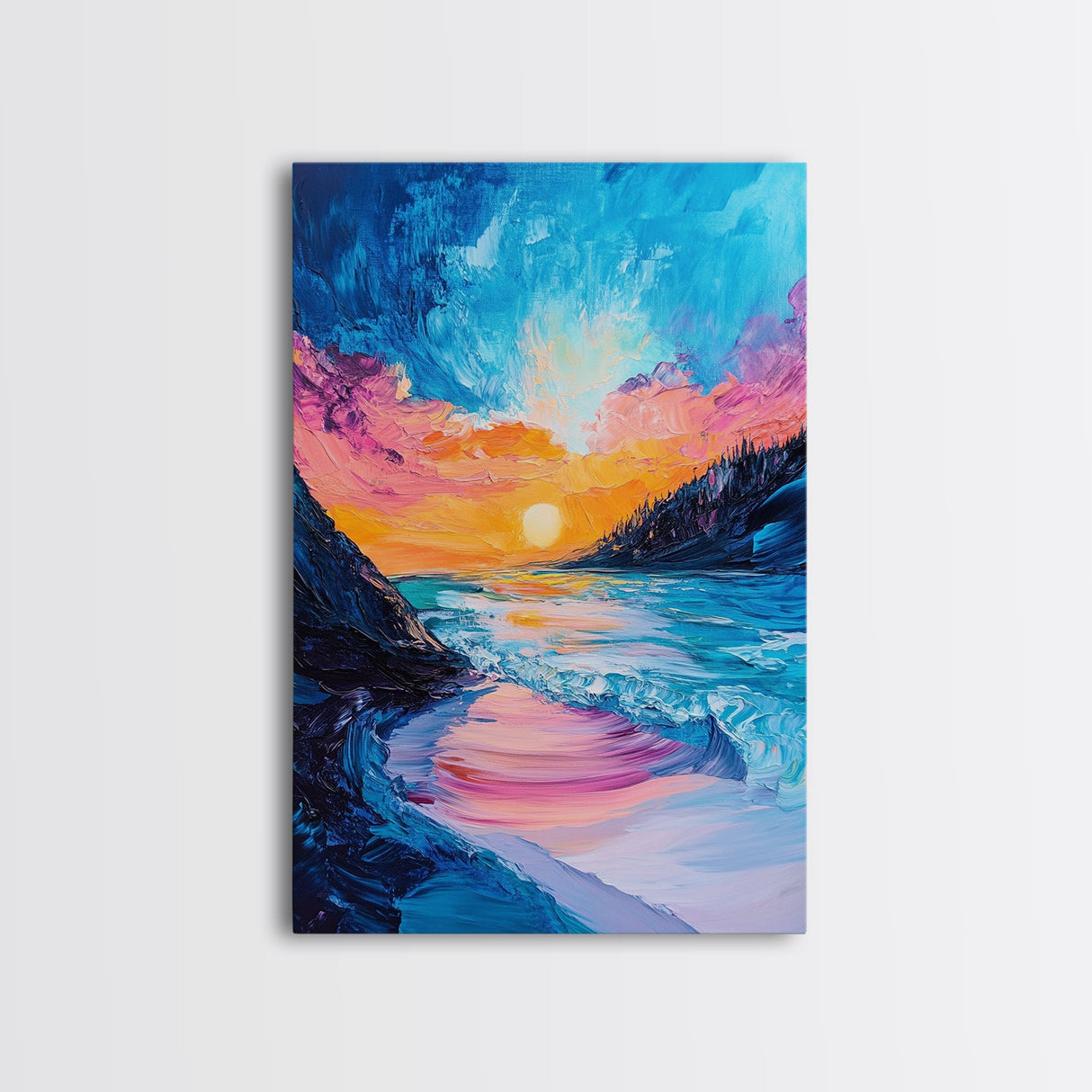 Colorful Beach, sunset painting, surf wall art, coastal painting, nautical decor, ocean waves, framed canvas print, seascape art