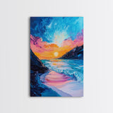 Colorful Beach, sunset painting, surf wall art, coastal painting, nautical decor, ocean waves, framed canvas print, seascape art