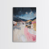 Desert Village, southwest wall art, moody art, warm tones, rustic decor, Joshua tree art, framed canvas print, abstract landscape