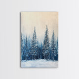 Winter Forest Scene, pine tree art, rustic wall art, moody art, landscape painting, minimalist art, Framed Canvas Print