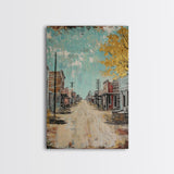 Western Town Scene, rustic wall art, farmhouse art, vintage horse art, southwest wall art, Framed Canvas Print