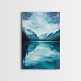 Serene Lake Reflection, lake Tahoe art, panoramic painting, above couch art, blue and green wall art, Framed Canvas Print