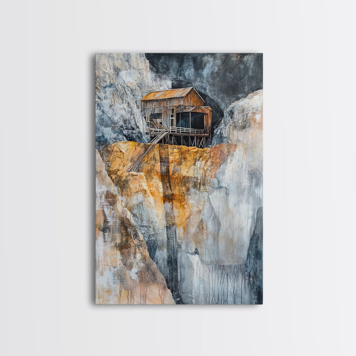 Rustic Cabin on Cliff, barn landscape painting, rustic art, farmhouse art, wabi sabi art, vintage horse art, Framed Canvas Print