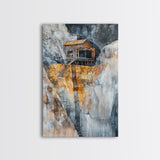 Rustic Cabin on Cliff, barn landscape painting, rustic art, farmhouse art, wabi sabi art, vintage horse art, Framed Canvas Print