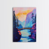 Vibrant Mountain Bridge, pink orange wall art, forest at dusk painting, landscape painting, above bed wall art, Canvas Print
