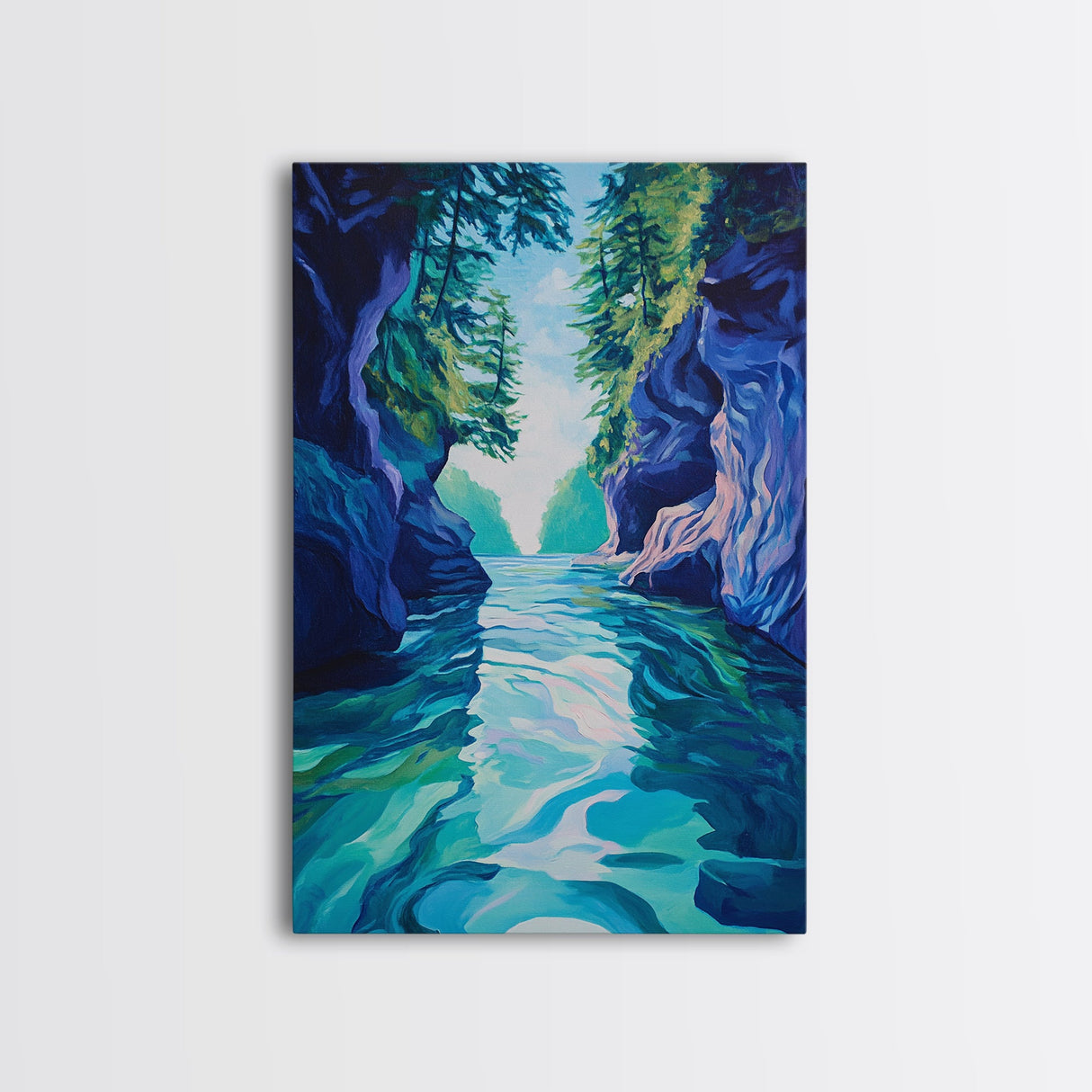 Serene Lake View, mountain painting, lake Tahoe art, blue and green wall art, landscape painting, boho art, Framed Canvas Print