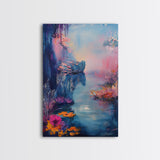 Dreamy Lake Scene, pink abstract art, blue and green wall art, moody art, vertical wall art, framed canvas print, living room art