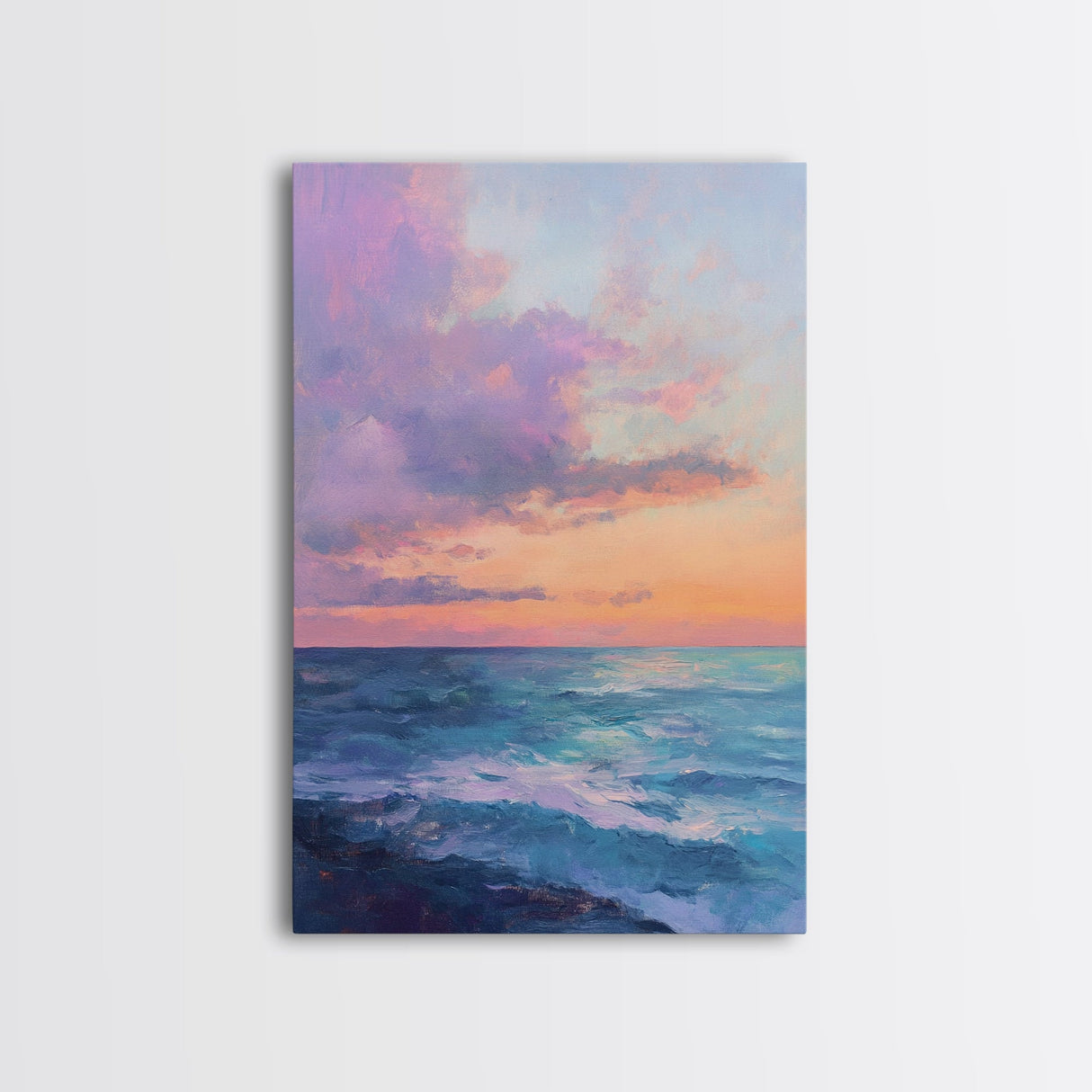 Ocean Sunset View, coastal landscape art, pink orange wall art, seascape painting, framed canvas print, bedroom art, nautical decor
