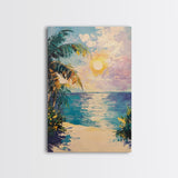 Tropical Beach Sunset, coastal cowgirl wall art, palm tree painting, beach scene, framed canvas print, bedroom art, nautical painting