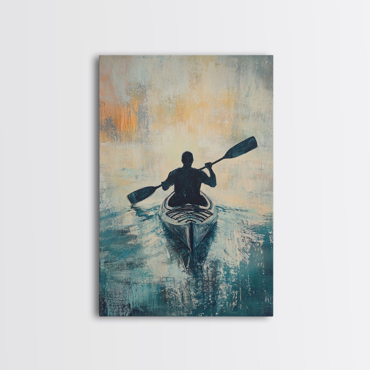 Kayaker at Sunset, Coastal Landscape Art, Nautical Wall Art, Moody Art, Above Sofa Art, Ocean Painting, Framed Canvas Print