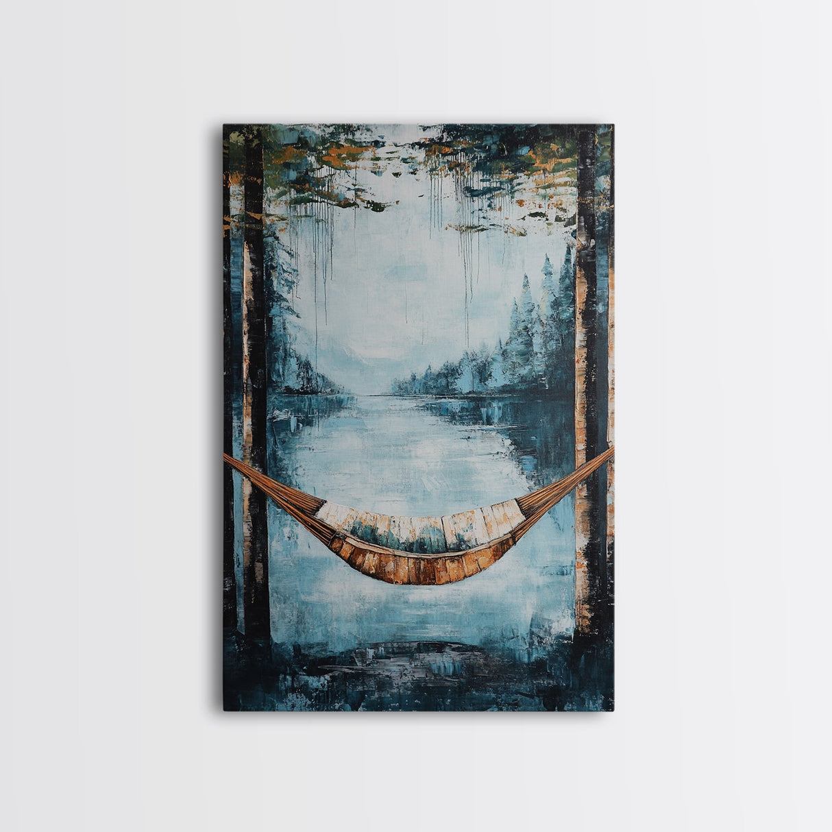 Hammock, Lake, Birch Trees, Framed Canvas Print, birch tree painting, landscape painting, wabi sabi art, rustic decor, extra wide art