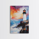 Lighthouse, Ocean, Sunset, Framed Canvas Print, coastal wall art, seascape painting, nautical painting, original painting, rustic decor