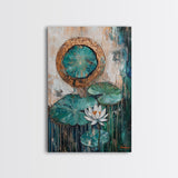 Lotus, Gold, Abstract, Framed Canvas Print, wabi sabi art, mosaic wall art, teal wall art, zen wall art, sacred geometry wall art