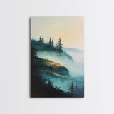 Foggy Mountains, mountain painting, smoky mountain art, pine tree art, forest at dusk painting, Framed Canvas Print, bedroom art