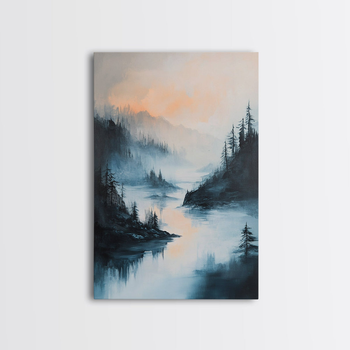 Misty Lake, landscape painting, smoky mountain art, pine tree art, moody art, blue and green wall art, Canvas Print, above sofa art