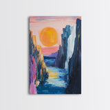 pink orange wall art, sunset painting, abstract landscape painting, blue and green wall art, Framed Canvas Print, boho art, modern decor