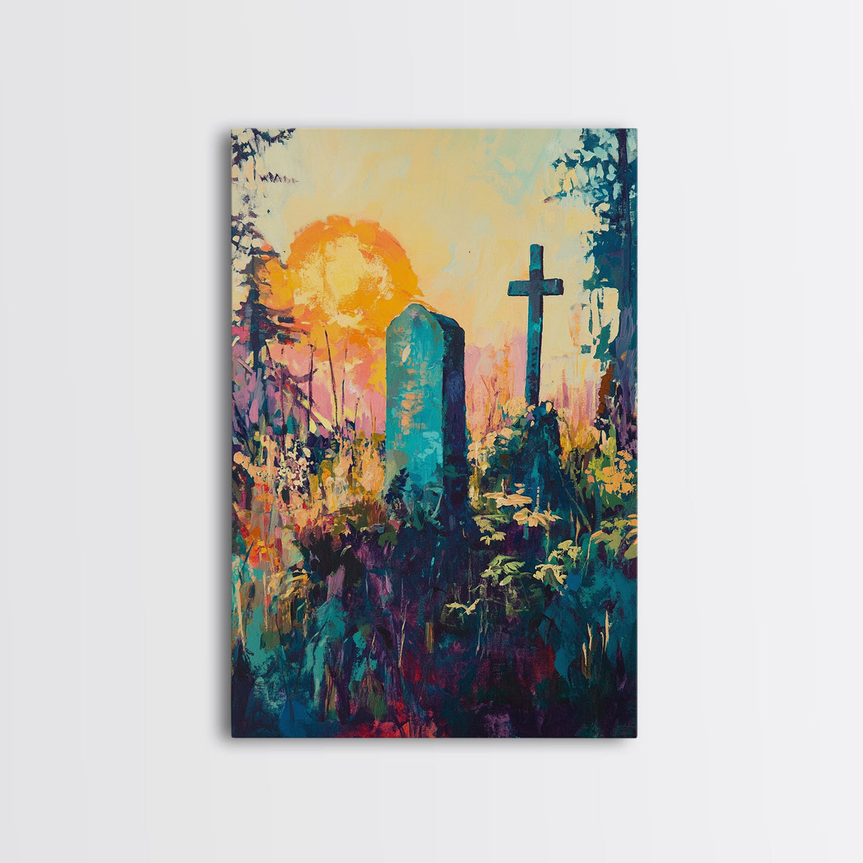Graveyard Sunset, dark romance painting, gothic wall art, moody art, vintage folk art, atmospheric painting, framed canvas print