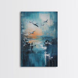 Seagull Art, coastal wall art, nautical painting, ocean birds, teal wall art, moody art, framed canvas print, gift idea, coastal decor