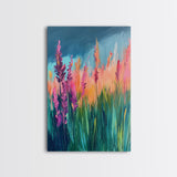 Wildflower Painting, poppy wall art, pink orange wall art, floral landscape, botanical prints, framed canvas print, rustic wall art