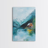 Cabin by Lake, lake Tahoe art, mountain painting, rustic wall art, bedroom art, nature wall art, framed canvas print, home decor