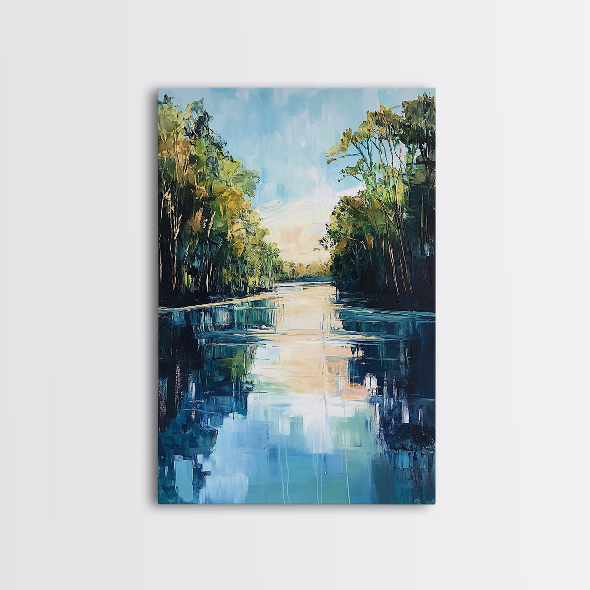 Tranquil River, Forest Reflection, Canvas Print, Landscape Painting, Rustic Art, Above Bed Wall Art, Nature Art, Gift Idea