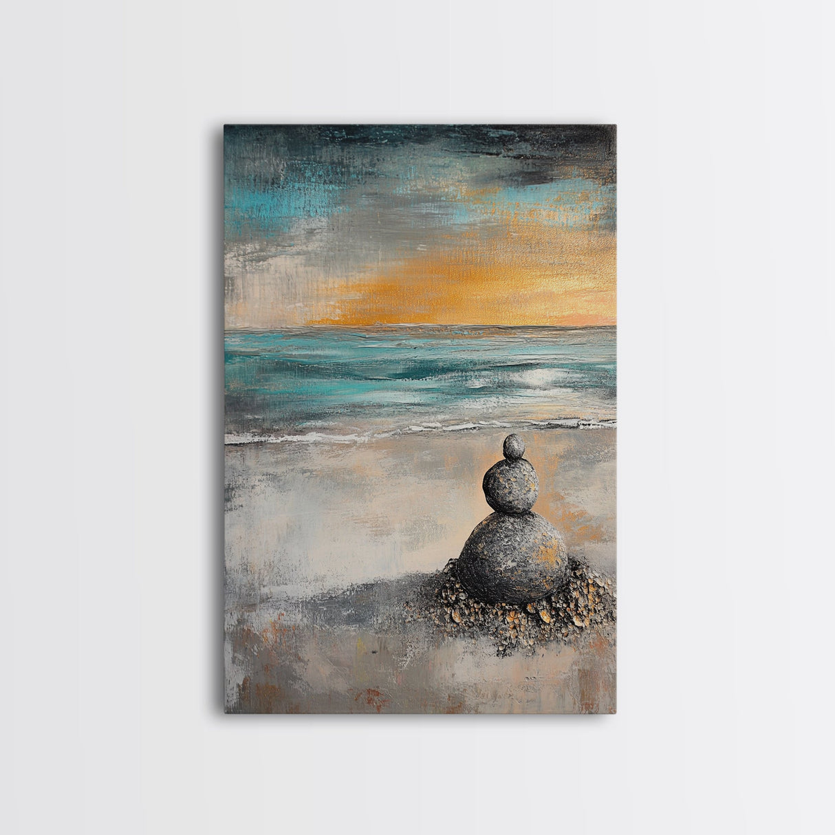 Zen Rock Stack Framed Canvas Print Coastal Wall Art, Beach Sunset Painting, Meditation Room Art, Tranquil Ocean Artwork, Boho Decor